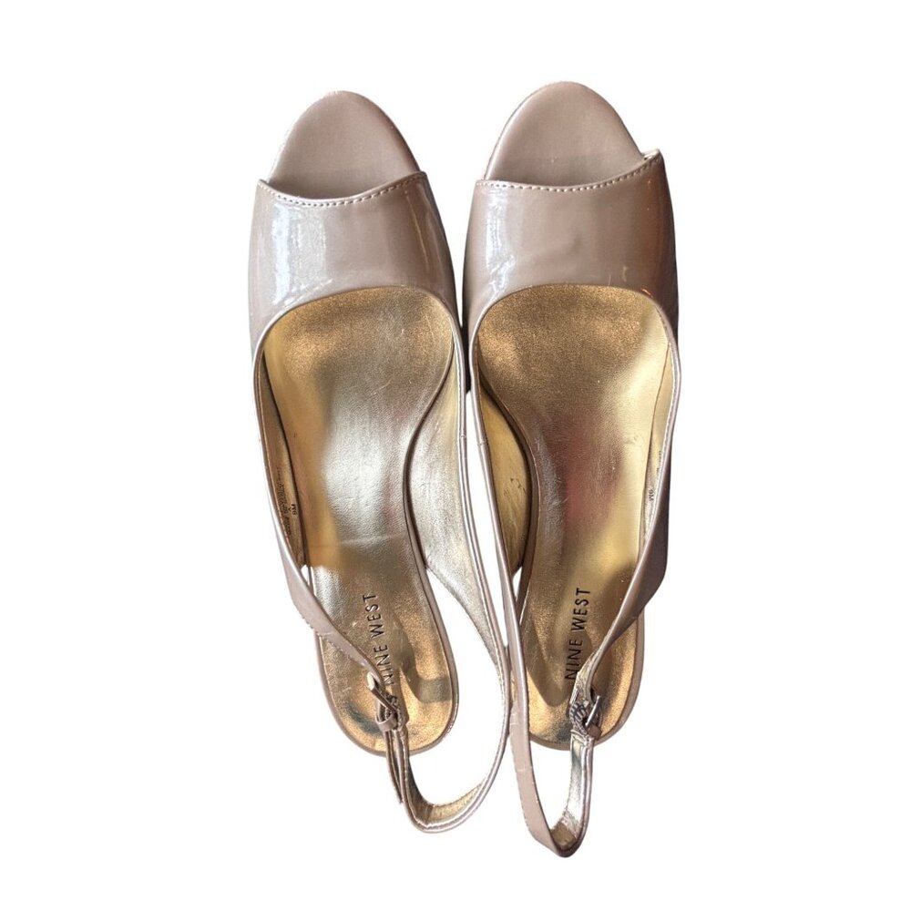 Nine West Sharina Nude Slingback Heels 9M 3" Heel Faux Patent Leather Suede Hot